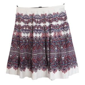Talbots Skirt White Red Blue Design Flowy Pleated Knee Length Cotton Blend. 14P